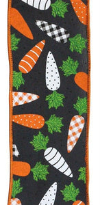 Plaid Carrot Easter Patterned on Royal Canvas Wired Edge Ribbon - 10 Yards (White, Black, Orange, Green 2.5")