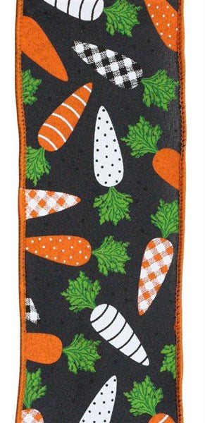 Plaid Carrot Easter Patterned on Royal Canvas Wired Edge Ribbon - 10 Yards (White, Black, Orange, Green 2.5