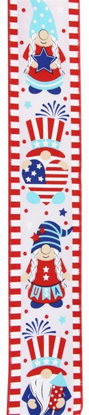 Patriotic Gnomes on Canvas Wired Ribbon - 10 Yards (2.5 Inches, White)