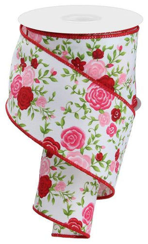 Floral Roses on Royal Canvas Wired Edge Ribbon - 10 Yards (White, Pink, Red, Green 2.5