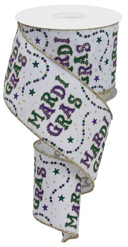 Mardi Gras and Beads on Royal Canvas Wired Edge Ribbon - 10 Yards (White, Gold, Purple, Green, 2.5