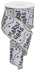 Mardi Gras and Beads on Royal Canvas Wired Edge Ribbon - 10 Yards (White, Gold, Purple, Green, 2.5")