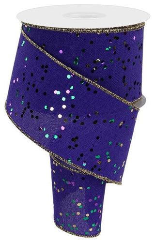 Mardi Gras Glitter Confetti Dots Royal Canvas Wired Edge Ribbon - 10 Yards (Purple, Green, Gold, 2.5