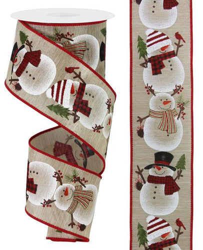 Christmas Chubby Snowman Vintage Rustic Xmas Holiday Canvas Wired Edge Ribbon : Beige, Red, White - 2.5
