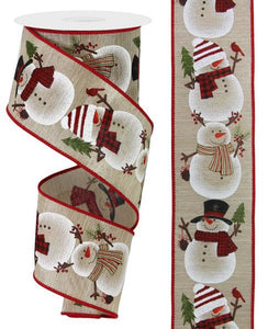 Christmas Chubby Snowman Vintage Rustic Xmas Holiday Canvas Wired Edge Ribbon : Beige, Red, White - 2.5" x 10 Yards (30 Feet)