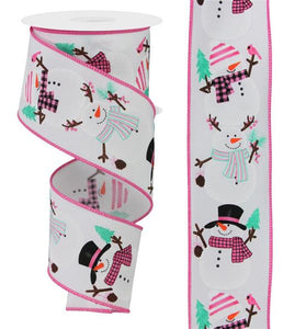 Christmas Chubby Snowman Vintage Rustic Xmas Holiday Canvas Wired Edge Ribbon : Pink, Mint, Black, White - 2.5" x 10 Yards (30 Feet)