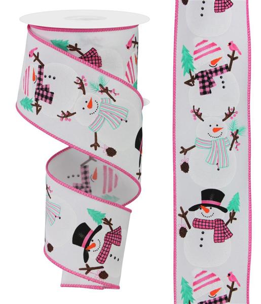 Christmas Chubby Snowman Vintage Rustic Xmas Holiday Canvas Wired Edge Ribbon : Pink, Mint, Black, White - 2.5