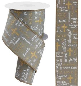 Word of Comfort Sympathy Faith Wired Ribbon : Beige, White, Gold - 2.5 Inches x 10 Yards (30 Feet)