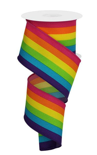 Rainbow Vertical Stripe Wired Ribbon : Pink Orange Yellow Lime Turquoise Purple 2.5 inches x 10 yards (30 feet)