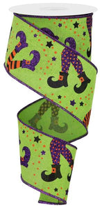 Halloween Witch Legs Canvas Wired Ribbon - 10 Yards (Green, Orange, Purple, Black, 2.5")
