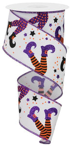 Halloween Witch Legs Canvas Wired Ribbon - 10 Yards (White, Purple, Orange, Black, 2.5")