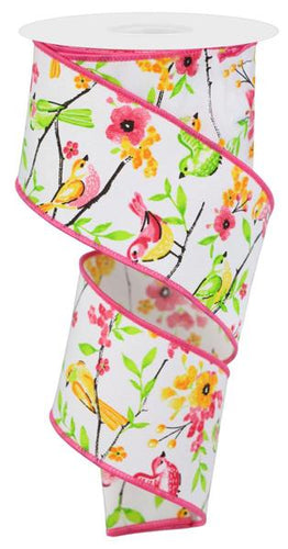 Birds with floral Branches Wired Ribbon : White Green Pink Orange 2.5 inches x 10 yards (30 feet)
