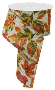 LEAVES W/GLITTER DOTS Color: BEIGE/ORANGE/MOSS/YELLOW - 2.5 Inches x 10 Yards (30 Feet)