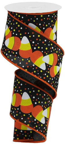 Candy Corn and Polka Dots Wired Ribbon : Black, Yellow, Orange - 2.5 Inches x 10 Yards (30 Feet)
