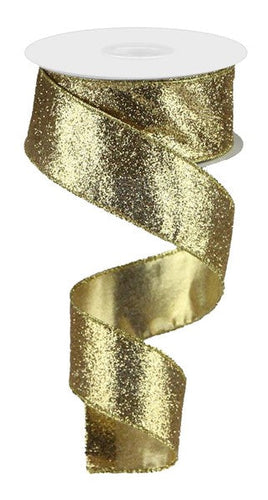 Solid Glitter Metallic Wired Ribbon : Gold - 1.5 Inches x 10 Yards (30 Feet)