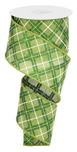 Diagonal Glitter Check Wired Ribbon : Moss Green Emerald White - 2.5 Inches x 10 Yards (30 Feet)