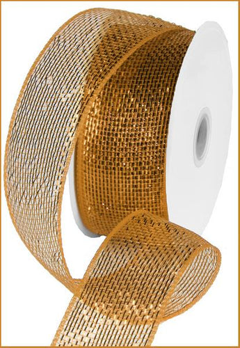 Deco Poly Mesh Ribbon : Metallic Gold Brown with Gold Foil - 2.5 Inches x 25 Yards (75 Feet)