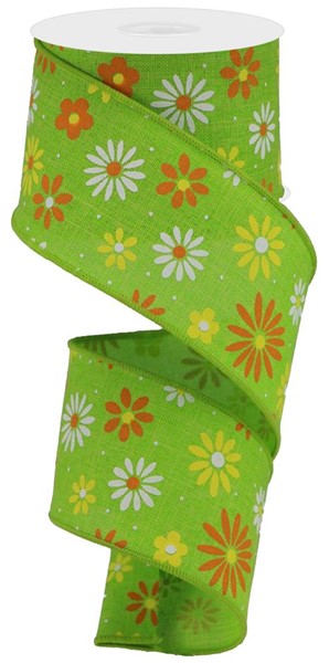 Daisy Flower Spring Wired Ribbon - Lime Green, Orange, Yellow - 2.5 Inches x 10 Yards (30 Feet)