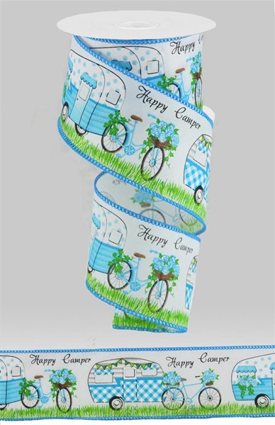 Happy Camper Bicycle on Royal Wired Edge Ribbon - White, Blue, Green - 2.5 Inches x 10 Yards (30 Feet)