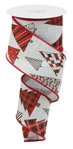 Gingham, Polka Dot, & Striped Christmas Trees Wired Ribbon - Grey Gray, Red, Black - 2.5 Inches x 10 Yards (30 Feet)