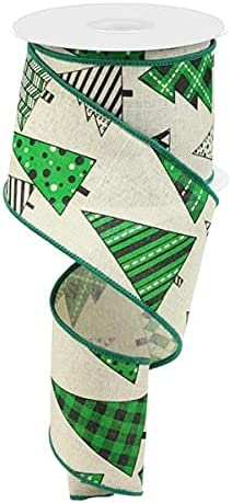 Gingham, Polka Dot, & Striped Christmas Trees Wired Ribbon - Beige, Green, Black - 2.5 Inches x 10 Yards (30 Feet)