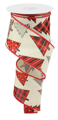 Gingham, Polka Dot, & Striped Christmas Trees Wired Ribbon - Beige, Red, Black - 2.5 Inches x 10 Yards (30 Feet)