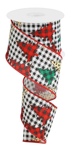 Christmas Trees on Check Canvas Wired Edge Ribbon - Red, Black, Green, White - 2.5 Inches x 10 Yards (30 Feet)