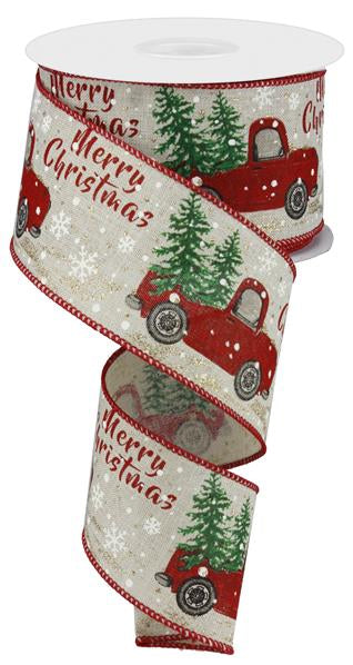 Christmas Vintage Truck Wired Burlap Ribbon : Red, Green, Brown - 2.5 Inches x 10 Yards (30 Feet)