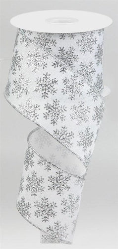 Glitter Snowflakes Wired Ribbon - White, Silver - 2.5 Inches x 10 Yards (30 Feet)