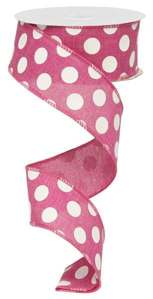 Polka Dot Wired Ribbon : Hot Pink, White - 1.5 Inches x 10 Yards (30 Feet)