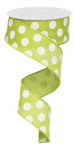 Polka Dot Wired Ribbon : Lime Green White - 1.5 Inches x 10 Yards (30 Feet)