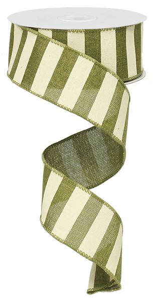Horizontal Stripe Wired Ribbon : Moss Green Ivory - 1.5 Inches x 10 Yards (30 Feet)