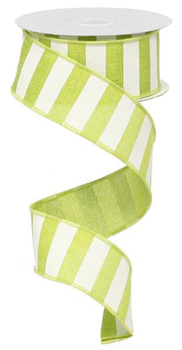 Horizontal Stripe Wired Ribbon : Lime Green White - 1.5 Inches x 10 Yards (30 Feet)