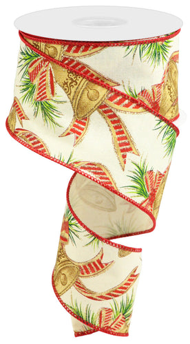 Christmas Bells Pine Berries Wired Ribbon : Cream Ivory Gold Red Green - 2.5 Inches x 10 Yards (30 Feet)
