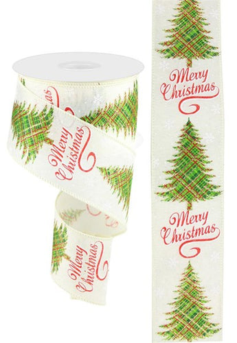 Christmas Tree Pine Flocked Canvas Wired Ribbon - Beige Natural Red Green Ivory - 2.5 Inches x 10 Yards (30 Feet)