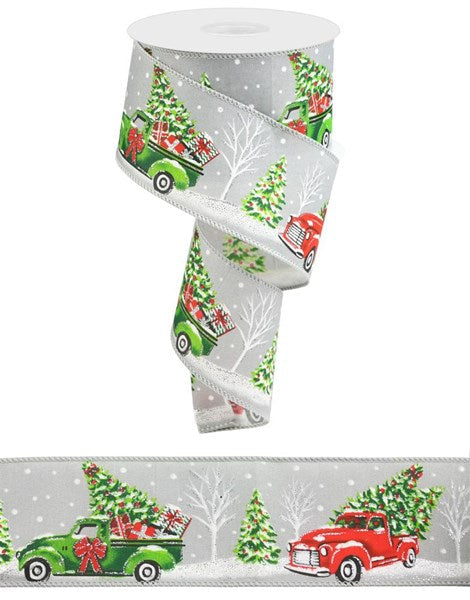 Christmas Truck Glitter Canvas Wired Ribbon - White, Red, Lime, Emerald Green - 2.5 Inches x 10 Yards (30 Feet)