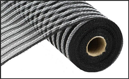 Poly Faux Cotton Jute Mesh Ribbon - Black White Stripe - 10 Inches x 10 Yards (30 Feet)