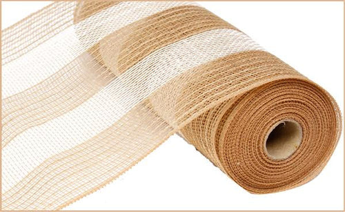 Deco Poly Jute Mesh Ribbon - Natural Beige, Brown, White Cotton Stripe - 10 Inches x 10 Yards (30 Feet)
