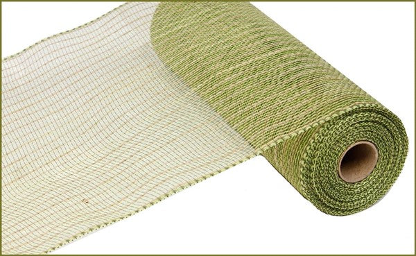 Deco Poly Jute Thin Stripe Mesh Ribbon - Natural Beige & Moss Green - 10.5 Inches x 10 Yards (30 Feet)