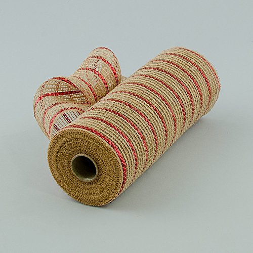 Poly Jute Burlap Deco Mesh Ribbon - Natural & Red Metallic Stripe - 10.5 Inches x 10 Yards (30 Feet)