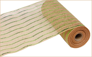 Poly Jute Burlap Mesh Ribbon - Metallic Natural Beige, Lime Green Stripe - 10.5 Inches x 10 Yards (30 Feet)