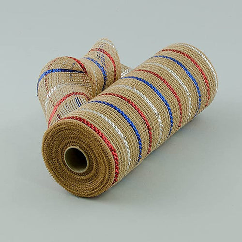 10.5 Inches Wide Poly Jute Deco Mesh Ribbon - Natural with Red, Silver, Blue Metallic Foil Stripes - 10 Yards (30 Feet)