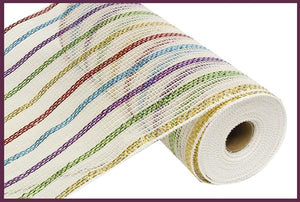 Deco Poly Cotton Mesh Ribbon - White, Red, Green, Purple, Blue, Gold Stripes - 10 Inches x 10 Yards (30 Feet)