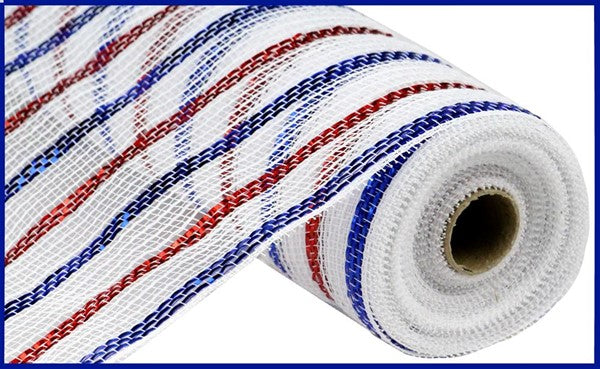 Deco Poly Cotton Mesh Ribbon - Red White Blue Stripes - 10.5 Inches x 10 Yards (30 Feet)