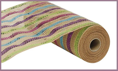 Poly Jute Mesh Ribbon : Metallic Pastel Stripes - 10 Inches x 10 Yards (30 Feet)