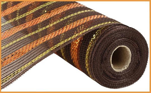 Faux Jute Poly Metallic Stripe Deco Mesh Ribbon : Brown, Orange, Gold - 10.5 Inches x 10 Yards (30 Feet)