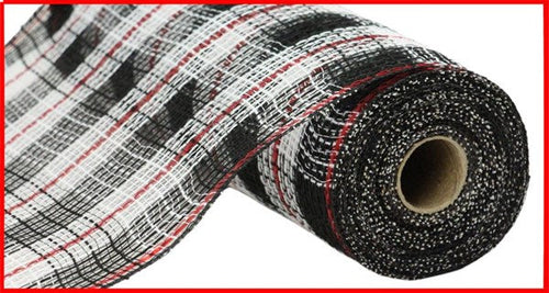 Faux Jute Check Foil Mesh Ribbon : Black, Red - 10.5 Inches x 10 Yards (30 Feet)