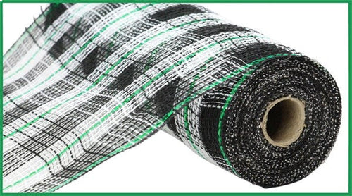 Faux Jute Check Foil Plaid Mesh Ribbon : Black, White, Emerald Green - 10 Inches x 10 Yards (30 Feet)