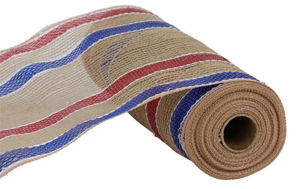Faux Jute Wide Matte Border Stripe Mesh Ribbon : Natural Beige, Red, White Blue - 10.25 Inches x 10 Yards (30 Feet)