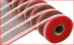Snowdrift Deco Poly Mesh Ribbon : Metallic Red, White, Emerald - 10.5 Inches x 10 Yards (30 Feet)